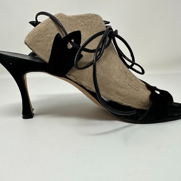 Manolo Blahnik Filodendro Black Suede Cutout Lace Up Heels 37 7 EUC - Picture 2 of 8